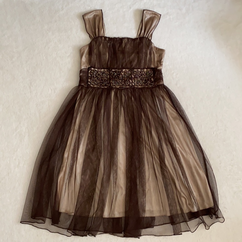 My Michelle | Beaded Empire Waist Tulle Overlay Fairy Y2K Dress Brown/Gold (8)